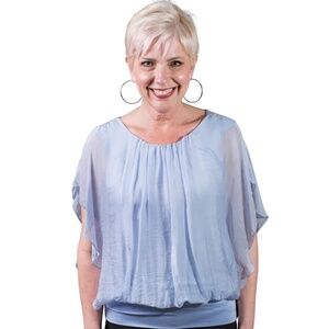 Tina Stephens 100% Silk Blue Flutter Sleeve Blouse O/S